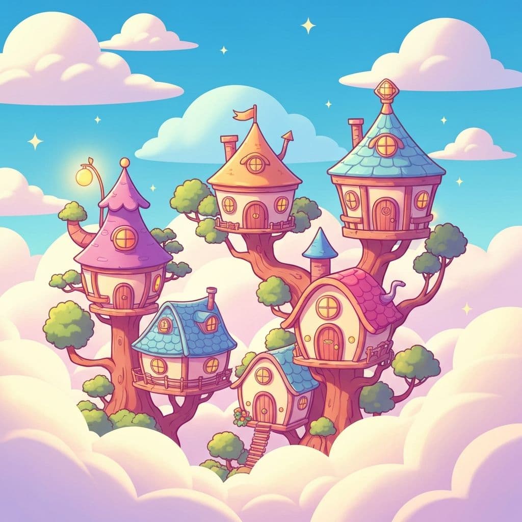 A magical treehouse village floating among fluffy clouds