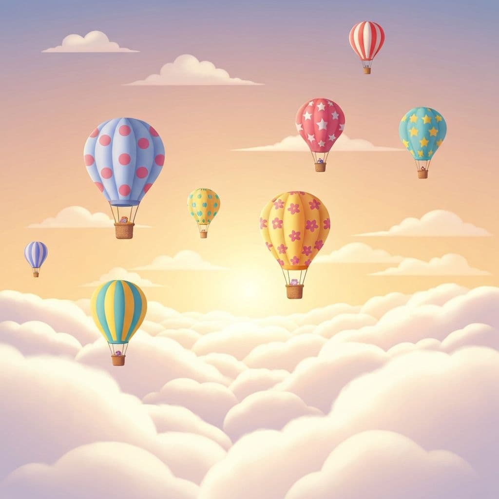 Colorful hot air balloons dancing in the sunset sky