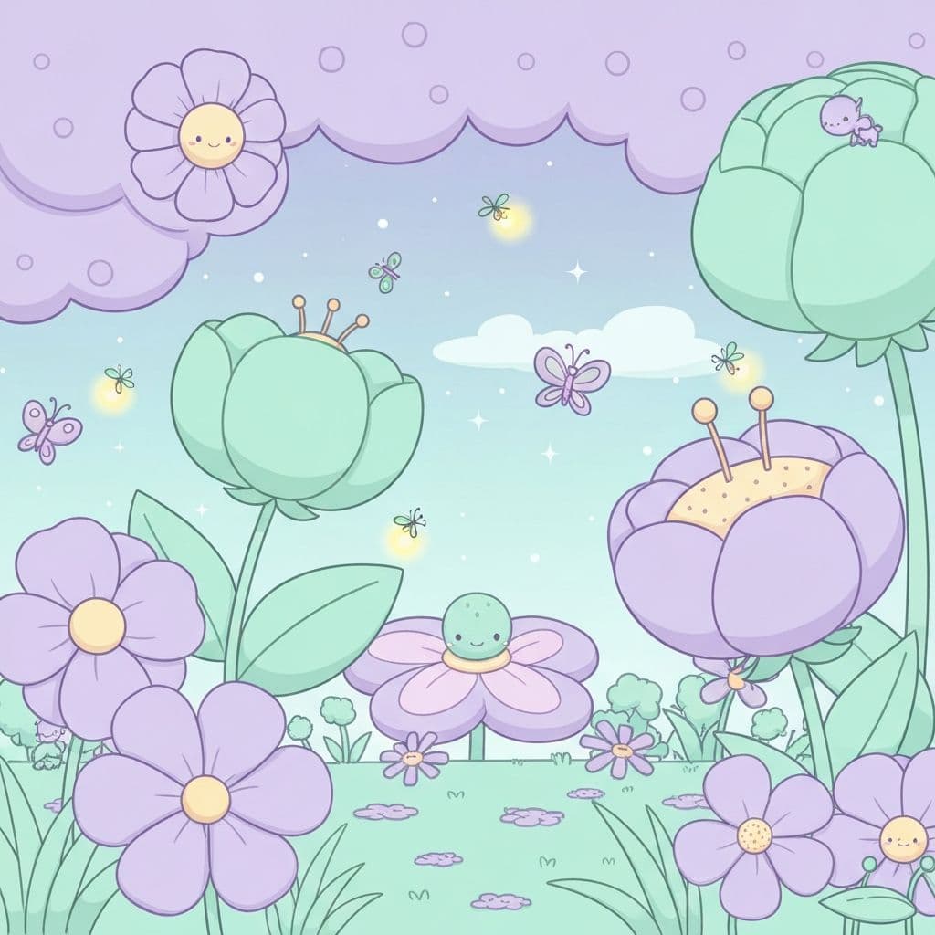 A dreamy garden with oversized flowers and tiny friends